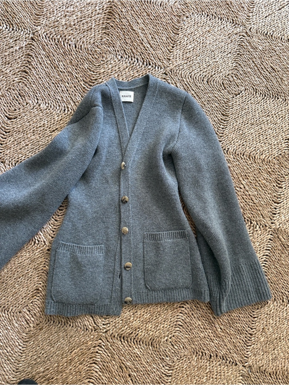 KHAITE Gray Button-Front V-Neck Wool Cardigan